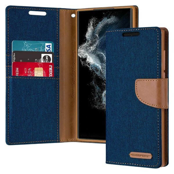 Goospery Canvas Samsung Galaxy S22 Ultra Wallet Leather Case Denim Stand Flip Fabric Pouch Credit Card Slots Cover - (Navy Blue)