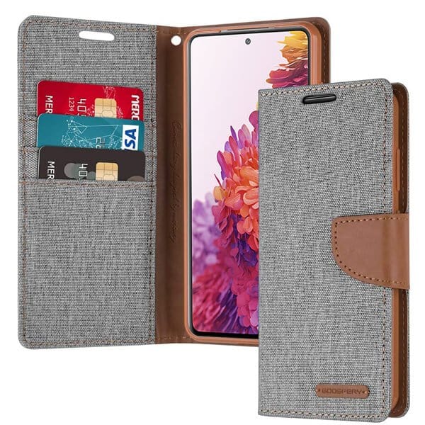 Goospery Samsung Galaxy S20 FE Canvas Wallet Flip Case Leather Card Slots Magnetic Cover (Grey)