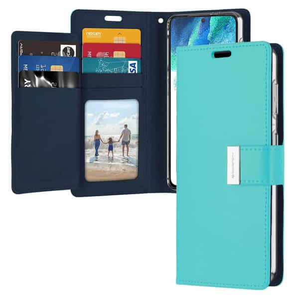 Goospery Samsung Galaxy S21 FE Rich Diary Wallet Flip Case Leather Card Slots Magnetic Cover (Aqua)