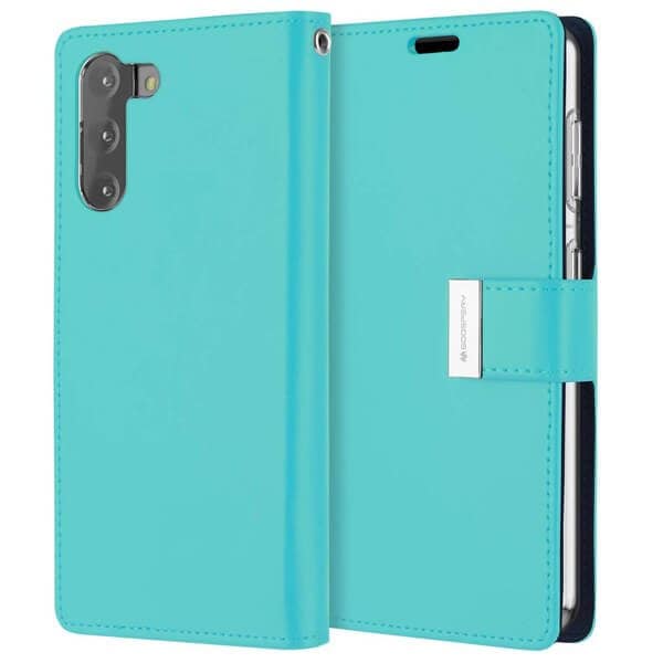 Goospery Samsung Galaxy S21 FE Rich Diary Wallet Flip Case Leather Card Slots Magnetic Cover (Aqua)