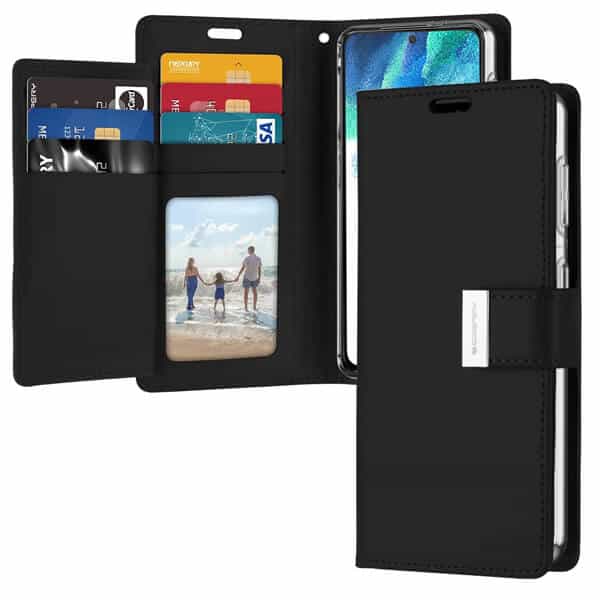 Goospery Samsung Galaxy S21 FE Rich Diary Wallet Flip Case Leather Card Slots Magnetic Cover (Black)