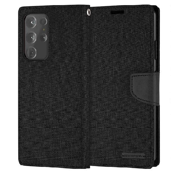 Goospery Samsung Galaxy S21 Ultra Canvas Wallet Flip Case Leather Card Slots Magnetic Cover (Black)