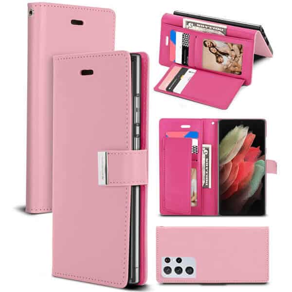 Goospery Samsung Galaxy S21 Ultra Rich Diary Wallet Flip Case Leather Card Slots Magnetic Cover (Light Pink)