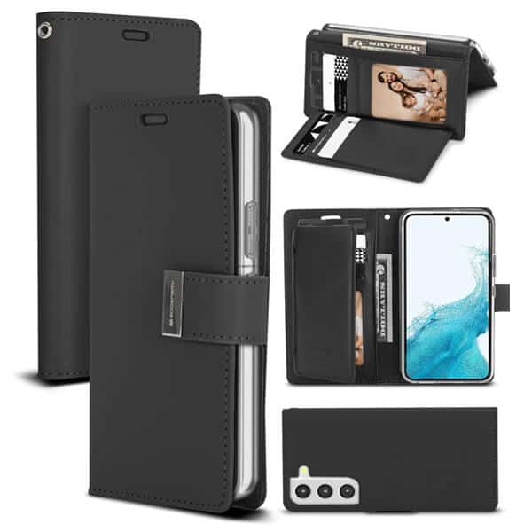 Goospery Samsung Galaxy S22 Rich Diary Wallet Flip Case Leather Card Slots Magnetic Cover (Black)
