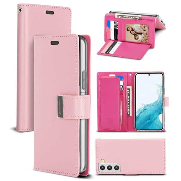 Goospery Samsung Galaxy S22 Rich Diary Wallet Flip Case Leather Card Slots Magnetic Cover (Light Pink)