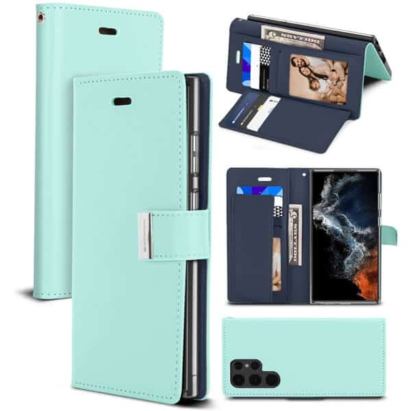 Goospery Samsung Galaxy S22 Ultra 5G Rich Diary Wallet Flip Case Leather Card Slots Magnetic Cover (Aqua)