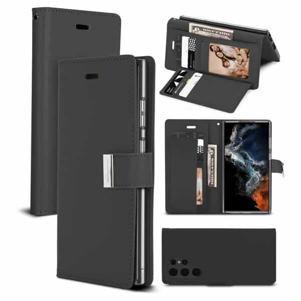 Goospery Samsung Galaxy S22 Ultra 5G Rich Diary Wallet Flip Case Leather Card Slots Magnetic Cover (Black)