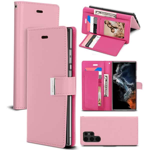 Goospery Samsung Galaxy S22 Ultra 5G Rich Diary Wallet Flip Case Leather Card Slots Magnetic Cover (Light Pink)