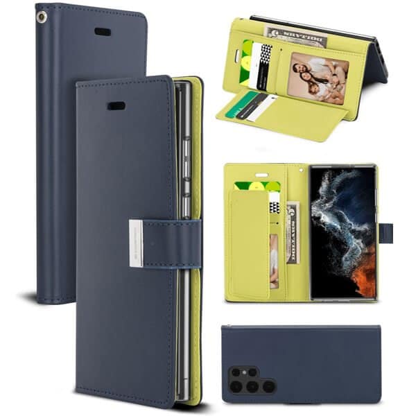 Goospery Samsung Galaxy S22 Ultra 5G Rich Diary Wallet Flip Case Leather Card Slots Magnetic Cover (Navy Blue)