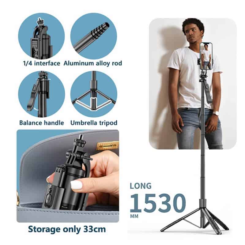 L16 1530mm Wireless Selfie Stick Tripod Stand Balance Stabilizer Live Foldable Monopod for GoPro AXNEN DJI Osmo Action Cameras for Smartphones