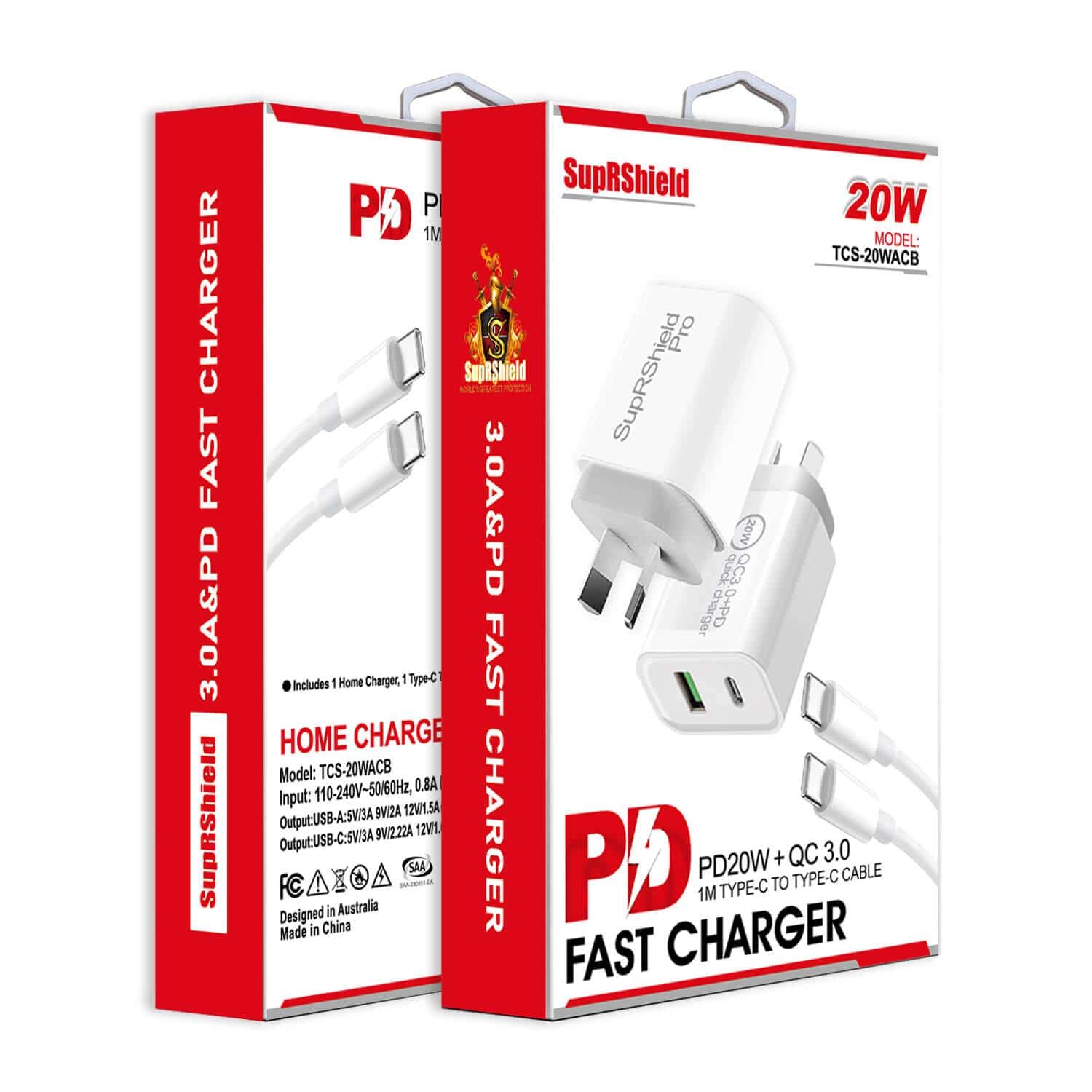 20W QC3.0 PD+USB Fast Charging Charger Wall Plug Adapter+PD Type C to Type C Cable