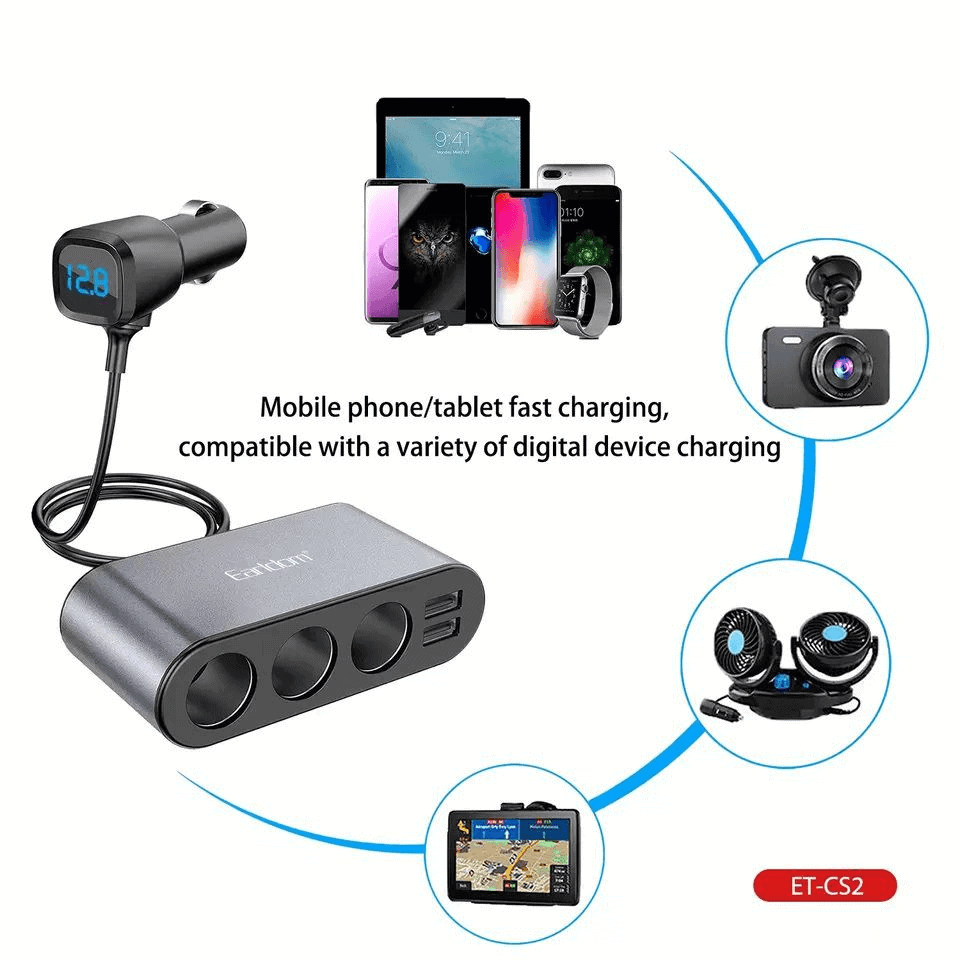 Earldom 120W Dual USB Charger 4 in 1 Socket Multi Function Car Mobile Phone Charger ET-CS2
