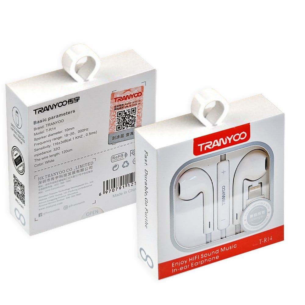 Tranyoo (T-R14) Lightning Wired Headphones Earphones Earbuds Headset For iPhone/iPad/iPod 14/13/12/11/XR/XS/X/8 (Built-in Microphone & Volume Control)