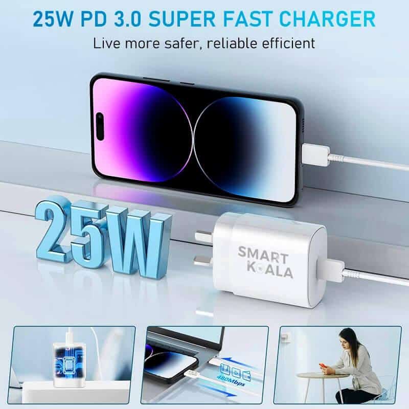 Smart Koala 25W Fast Charging Charger, SAA Certified USB C Wall Plug Adapter with 1M Lightning Cable Cord for Apple iPhone iPod iPad