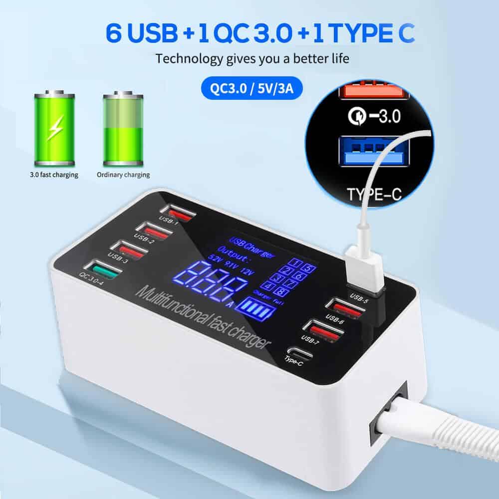 Multi 8 Port USB HUB Fast Charging Quick Charge QC3.0 PD Charger LED Display Charging Station Mobile Phone Desktop Wall Home