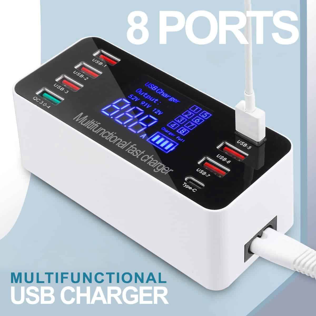 Multi 8 Port USB HUB Fast Charging Quick Charge QC3.0 PD Charger LED Display Charging Station Mobile Phone Desktop Wall Home