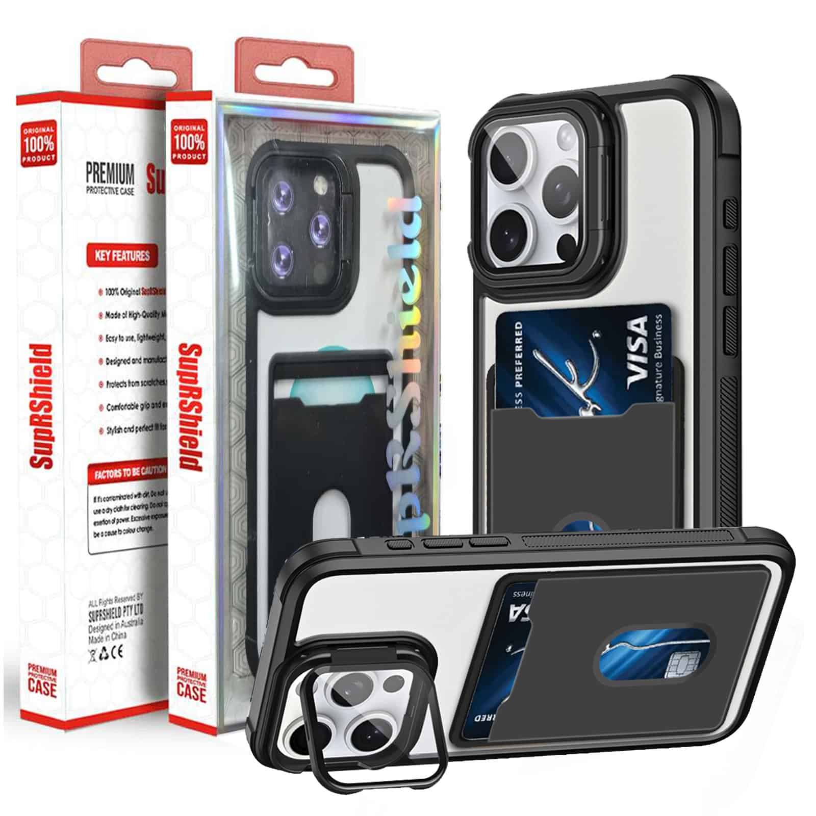 For iPhone Hard Back Wallet Card Holder Mobile Camera Stand Phone Case Cover