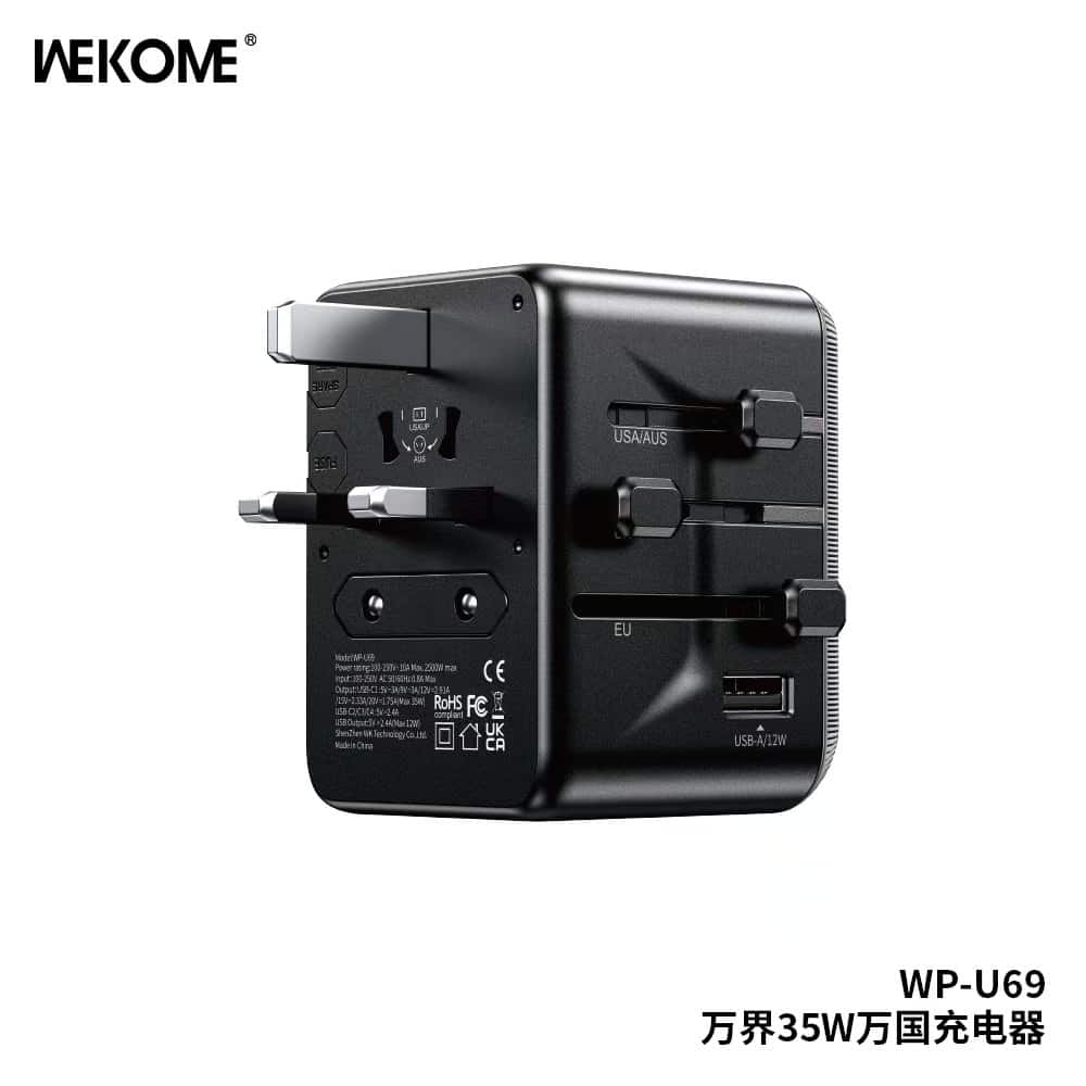 WEKOME WP-U69 35W GaN EU/UK/US/AUS/JP USB A & USB Type C Universal Conversion Fast Charging Charger Power Travel Adapter (Black)