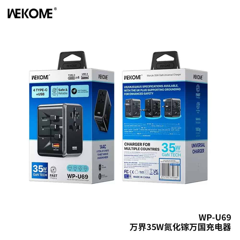 WEKOME WP-U69 35W GaN EU/UK/US/AUS/JP USB A & 4 USB Type C Universal Conversion Fast Charging Charger Power Travel Adapter (Black)