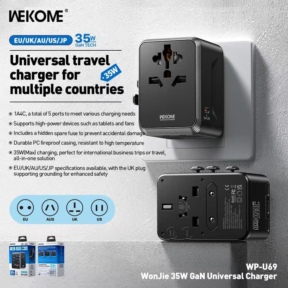 WEKOME WP-U69 35W GaN EU/UK/US/AUS/JP USB A & USB Type C Universal Conversion Fast Charging Charger Power Travel Adapter (Black)