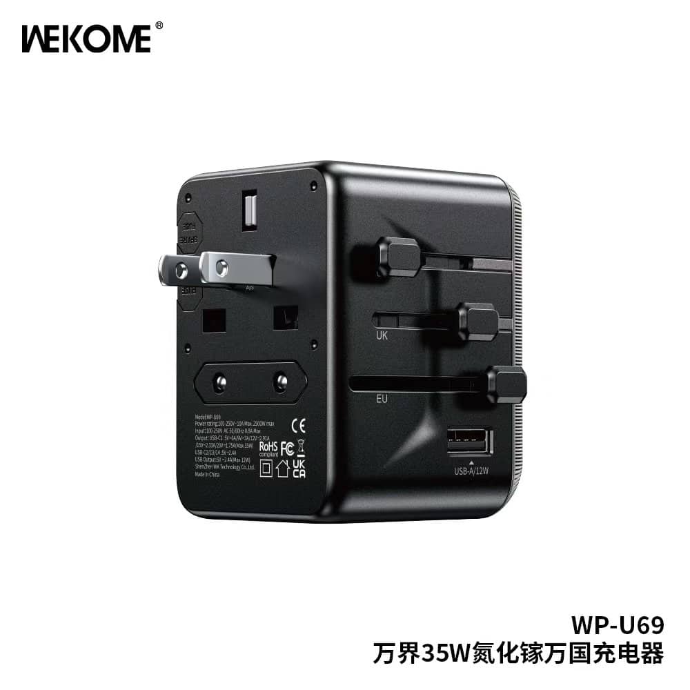 WEKOME WP-U69 35W GaN EU/UK/US/AUS/JP USB A & USB Type C Universal Conversion Fast Charging Charger Power Travel Adapter (Black)