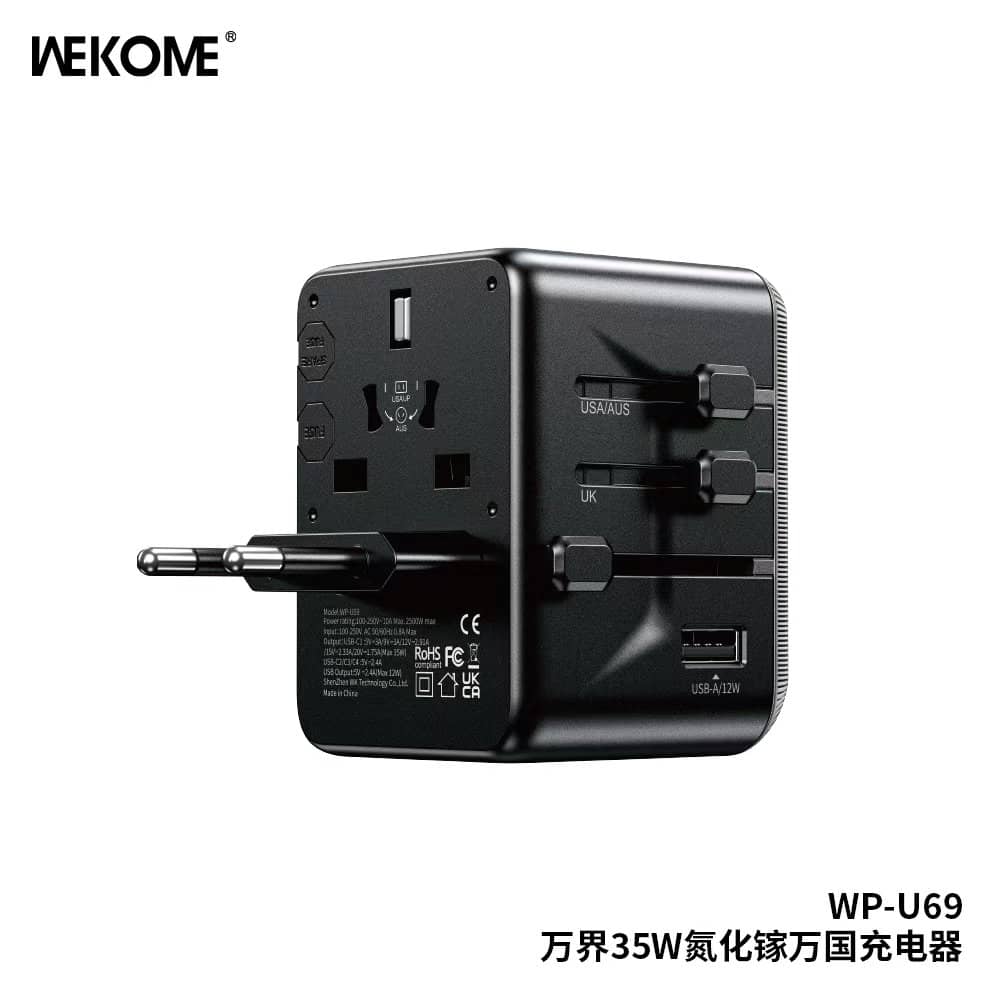 WEKOME WP-U69 35W GaN EU/UK/US/AUS/JP USB A & USB Type C Universal Conversion Fast Charging Charger Power Travel Adapter (Black)
