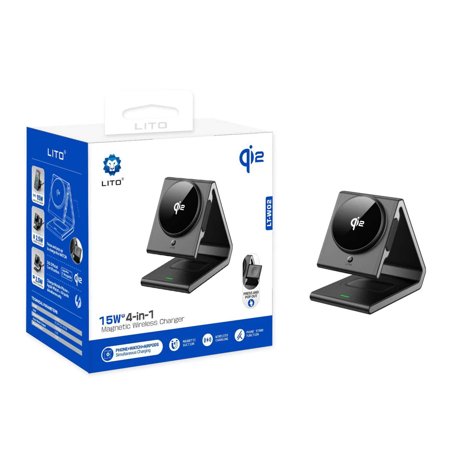 Lito LT-W02 Qi2 15W 4-in-1 Fast Charging Magnetic Wireless Charger Station Charging Stand