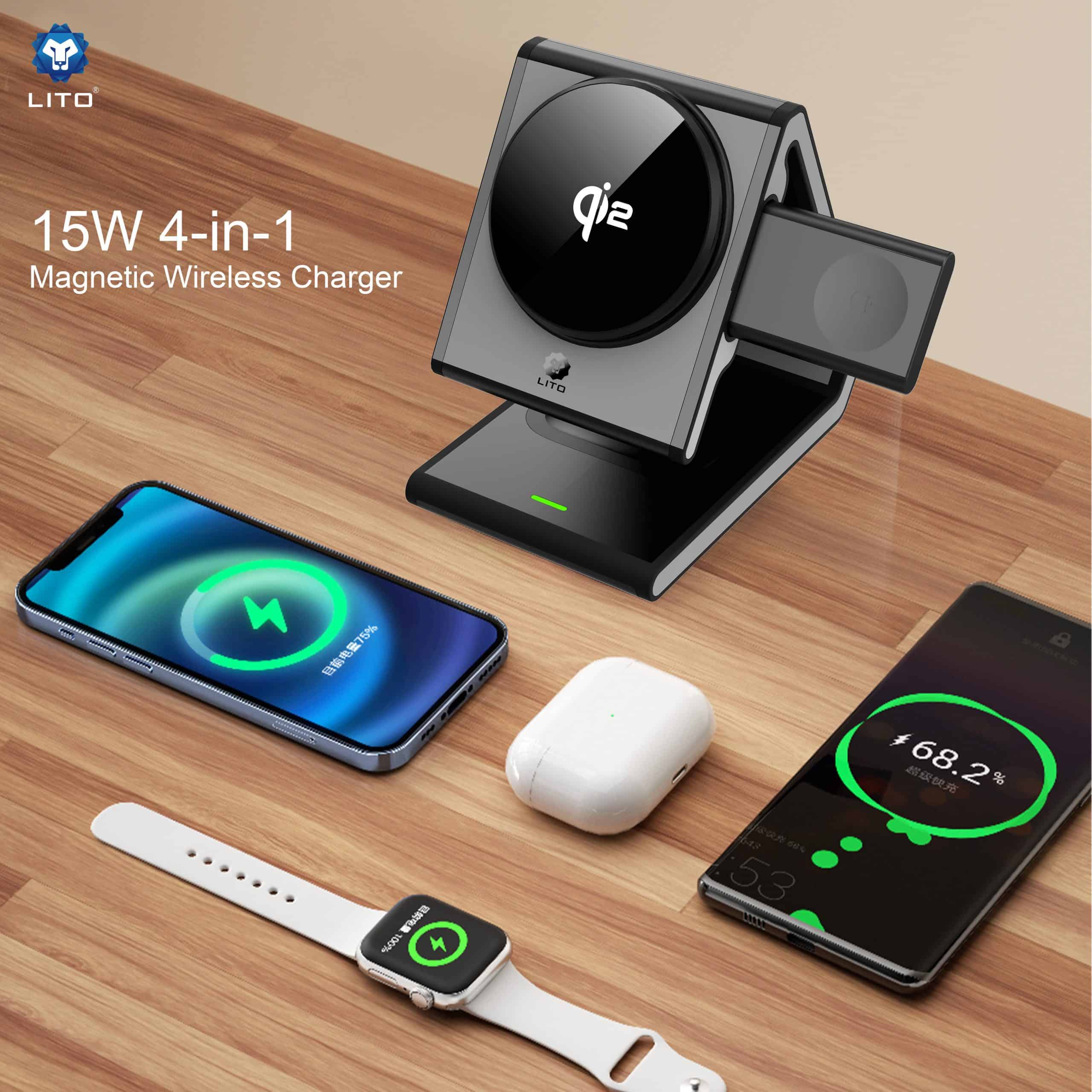 Lito LT-W02 Qi2 15W 4-in-1 Fast Charging Magnetic Wireless Charger Station Charging Stand