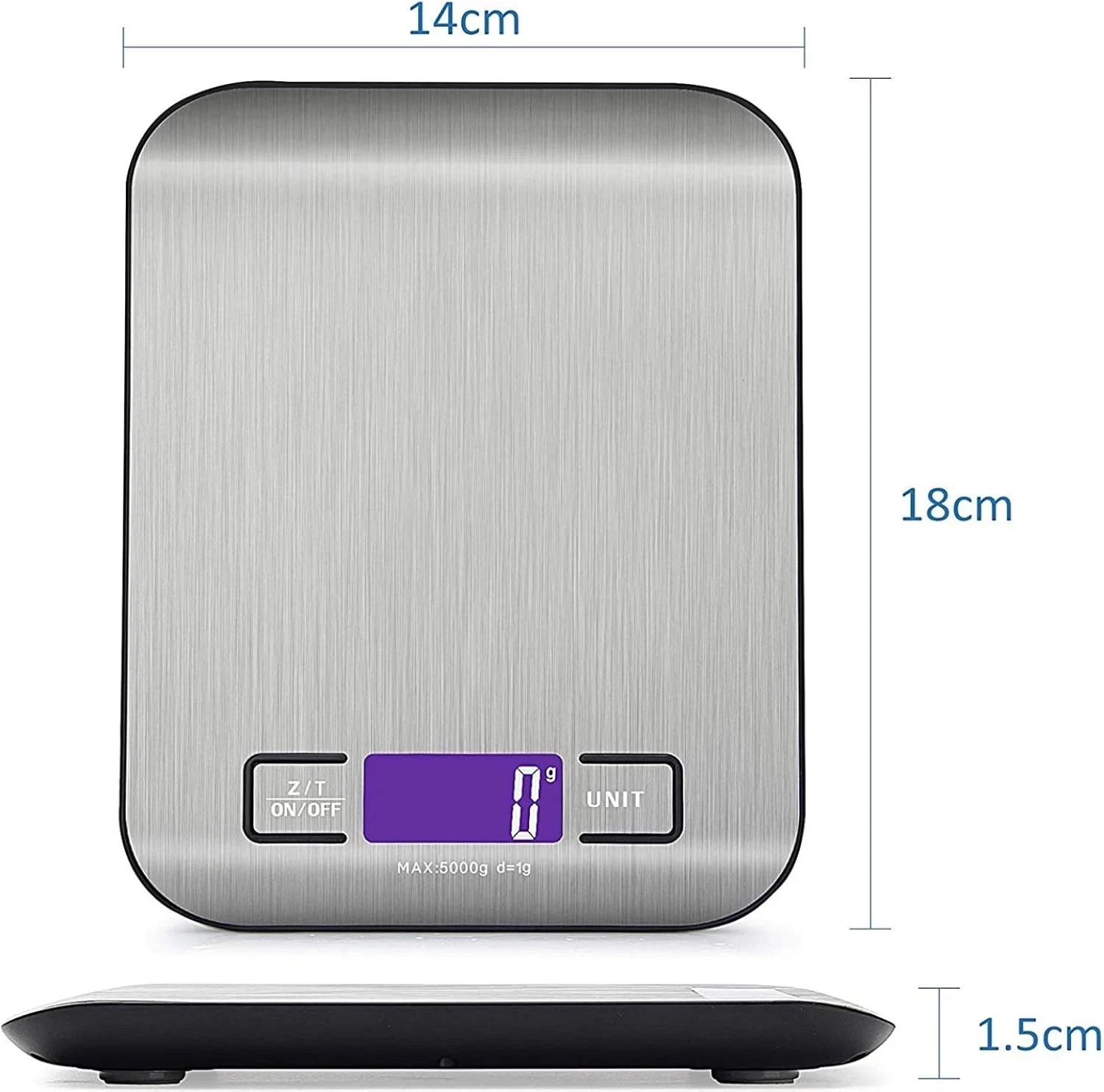 Digital Stainless Steel Kitchen Scale 5000g/1g Precision Food Scale with Backlit LCD Display, Tare Function & Unit Conversion