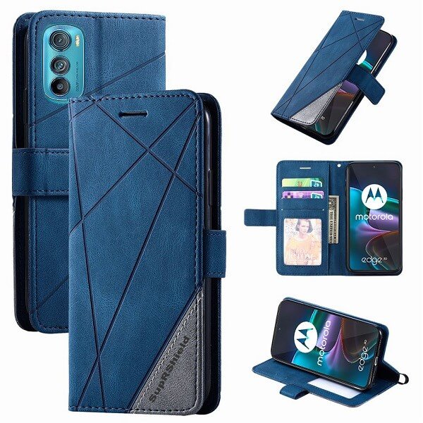 Motorola Moto Edge 30 5G SupRShield Wallet Leather Card Holder Flip Protective Shockproof Magnetic Case Cover (Navy Blue)