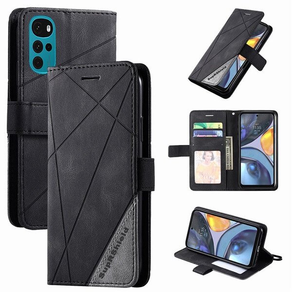 Motorola Moto G22 SupRShield Wallet Leather Card Holder Flip Protective Shockproof Magnetic Case Cover ( Black}