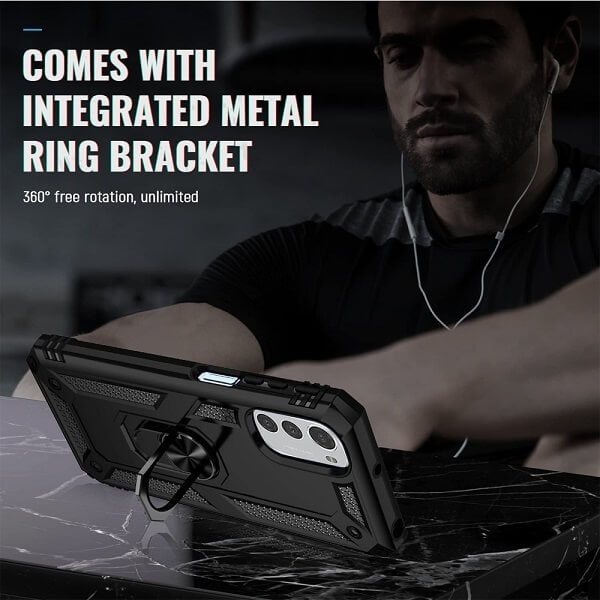 Motorola Moto G9 Plus Heavy Duty Shockproof Rugged Magnetic Ring Case Cover (Black)