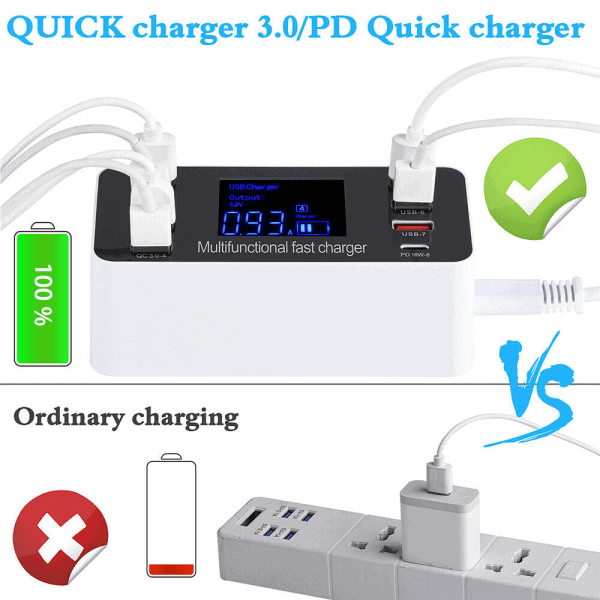 Multi 8 Port USB HUB Fast Charging Quick Charge QC3.0 PD Charger LED Display Charging Station Mobile Phone Desktop Wall Home