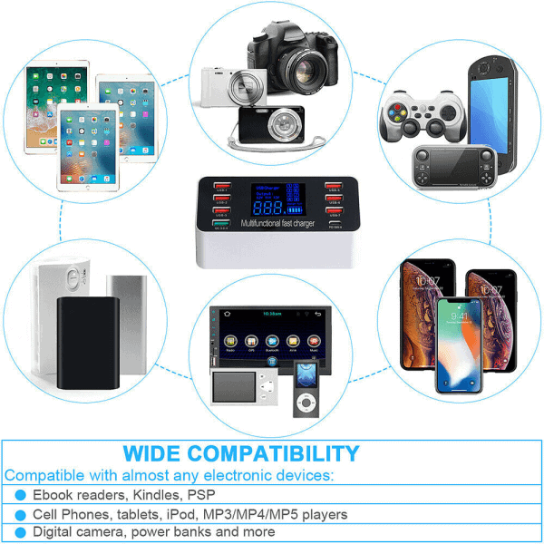 Multi 8 Port USB HUB Fast Charging Quick Charge QC3.0 PD Charger LED Display Charging Station Mobile Phone Desktop Wall Home