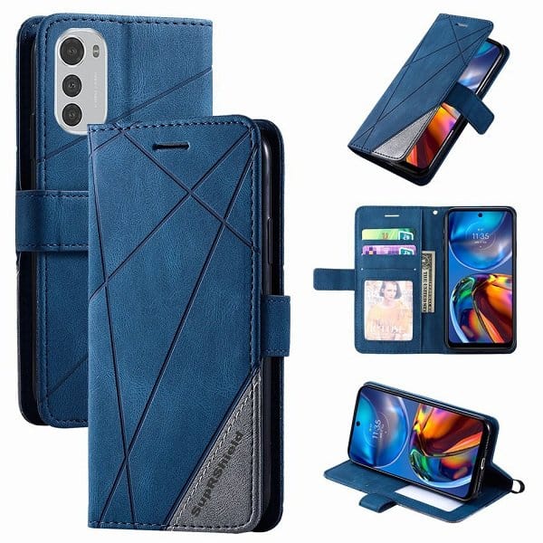 Motorola Moto E32 SupRShield Wallet Leather Card Holder Flip Protective Shockproof Magnetic Case Cover (Navy Blue}