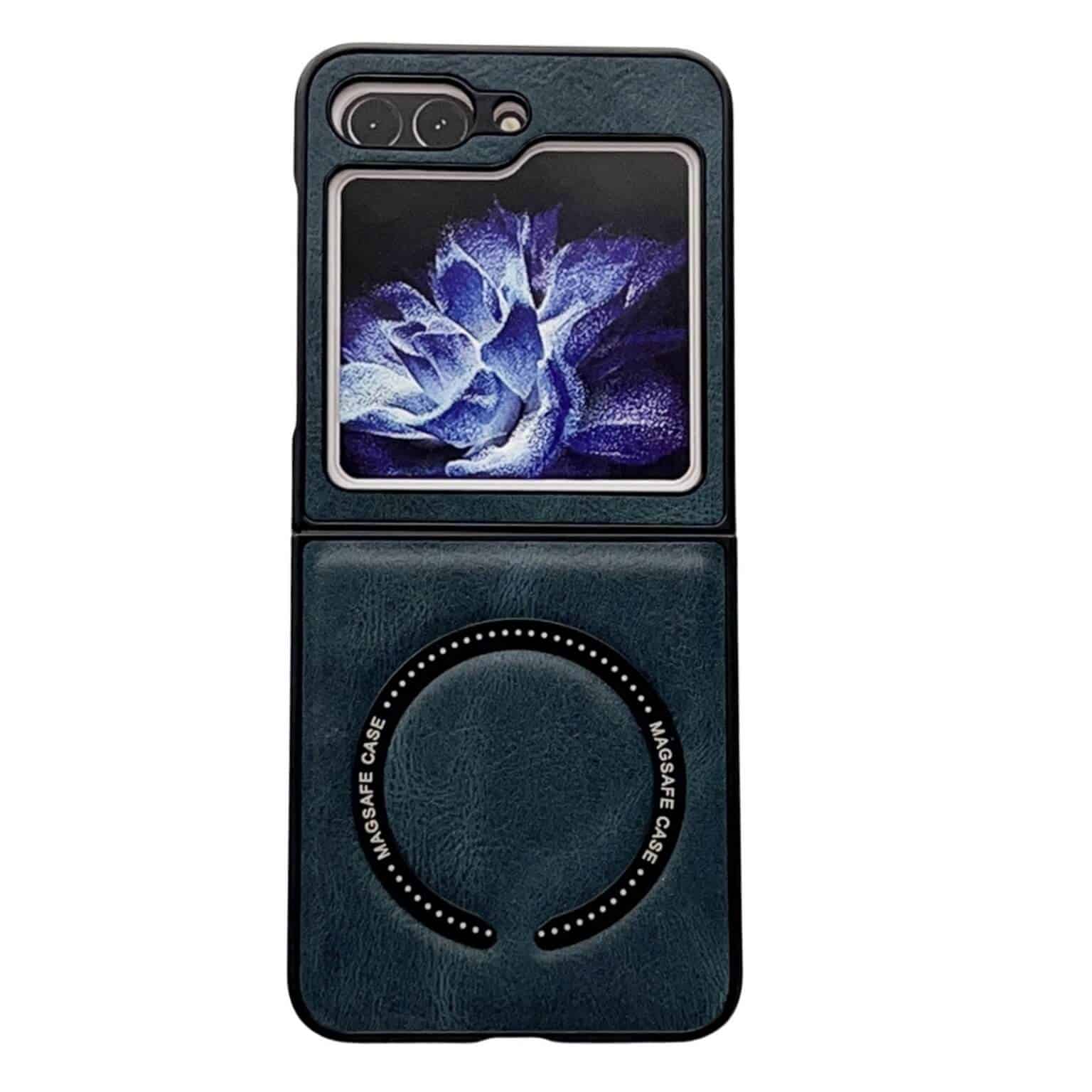 For Samsung Galaxy Z Flip5 Leather Pattern Magnetic MagSafe PU Back Phone Case Protective Cover (Navy Blue)