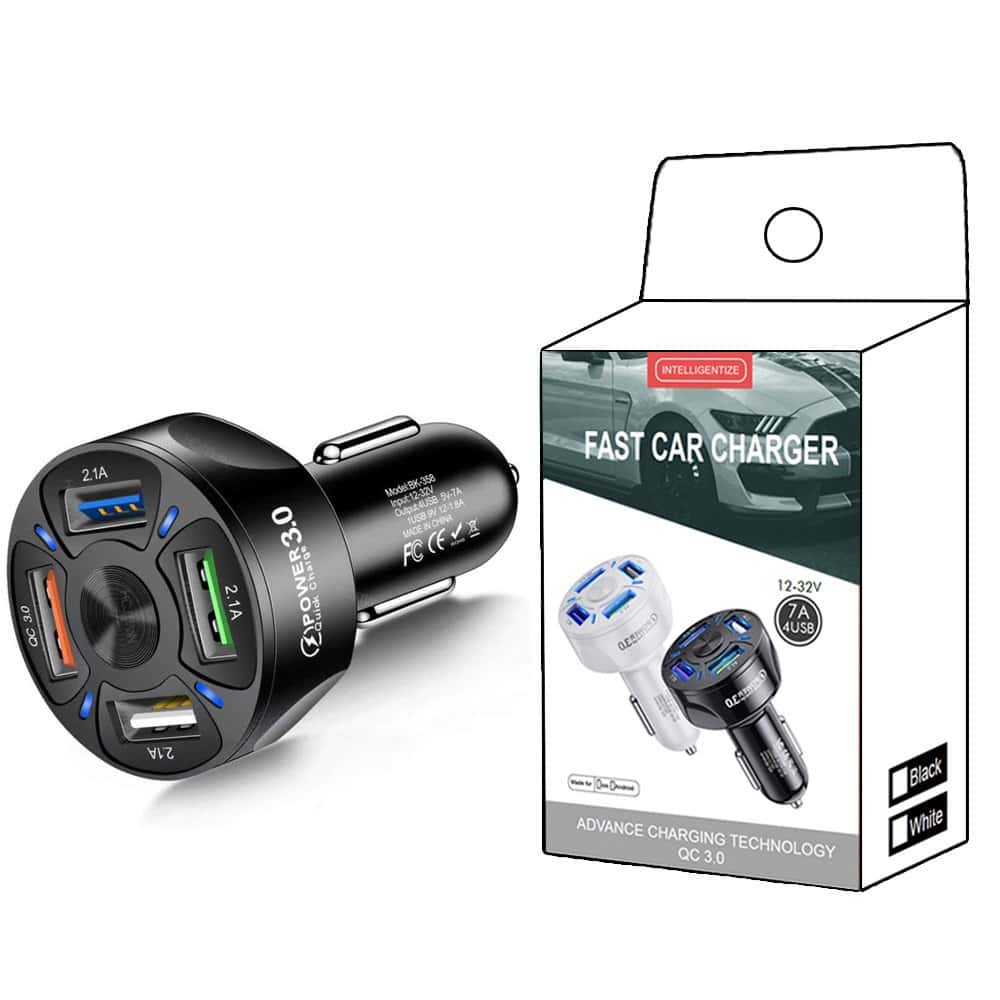 Universal 35W 7A QC3.0 4USB Ports Fast Charging Car Charger With LED Light 12-24V Cigarette Lighter Adapter