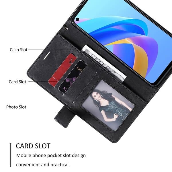 Oppo A76 SupRShield Wallet Leather Card Holder Flip Protective Shockproof Magnetic Case Cover (Black Style 3)