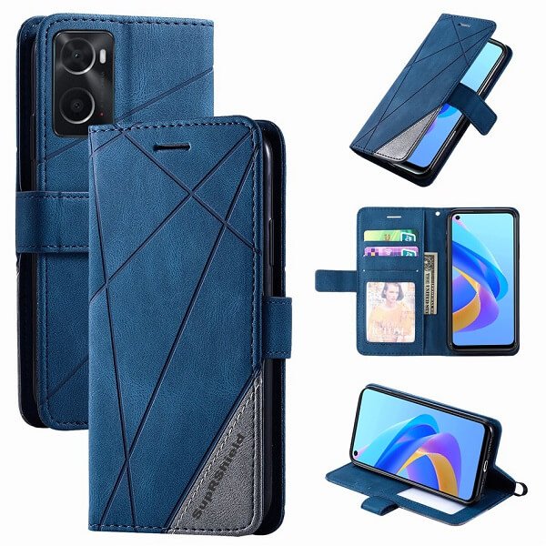 Oppo A76 SupRShield Wallet Leather Card Holder Flip Protective Shockproof Magnetic Case Cover (Navy Blue Style 3)