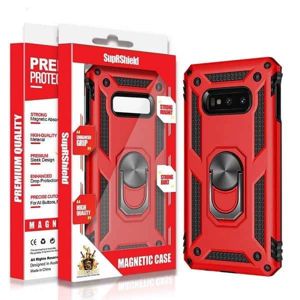 Samsung Galaxy S10 Plus Heavy Duty Shockproof Magnetic Ring Cover Case (Red)