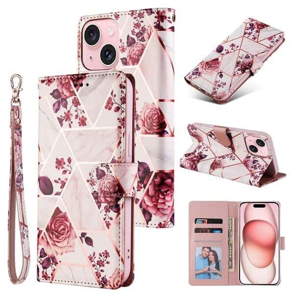 For iPhone Case Marble Pattern With Lanyard Flip Wallet Case Leather Card Slots Stand Cover