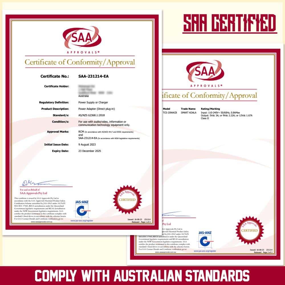 20W SMART KOALA PD + USB SAA Certified Fast Charging Wall AU Plug Charger Power Adapter TCS-20WACB