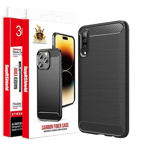 For Samsung Galaxy A Series Carbon Fiber Case Shockproof Heavy Duty Rugged Anti Knock Back Cover (Black)