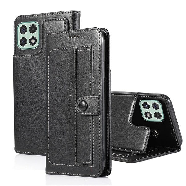 Samsung Galaxy A22 5G SupRShield Wallet Leather Card Holder Flip Protective Shockproof Magnetic Case Cover (Black Style 2)