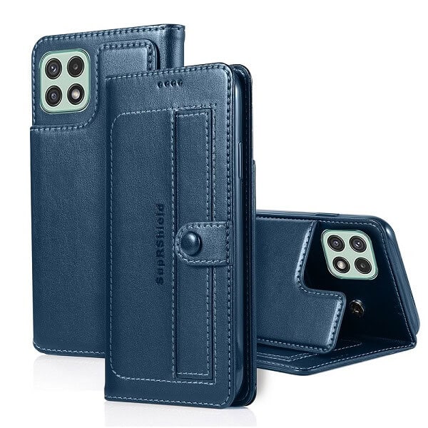 Samsung Galaxy A22 5G SupRShield Wallet Leather Card Holder Flip Protective Shockproof Magnetic Case Cover (Navy Blue Style 2)