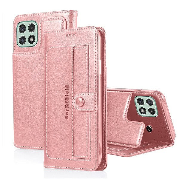 Samsung Galaxy A22 5G SupRShield Wallet Leather Card Holder Flip Protective Shockproof Magnetic Case Cover (Rose Gold Style 2)