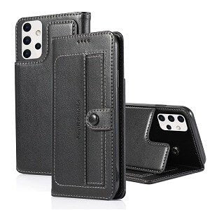 Samsung Galaxy A32 SupRShield Wallet Leather Card Holder Flip Protective Shockproof Magnetic Case Cover (Black Style 2)