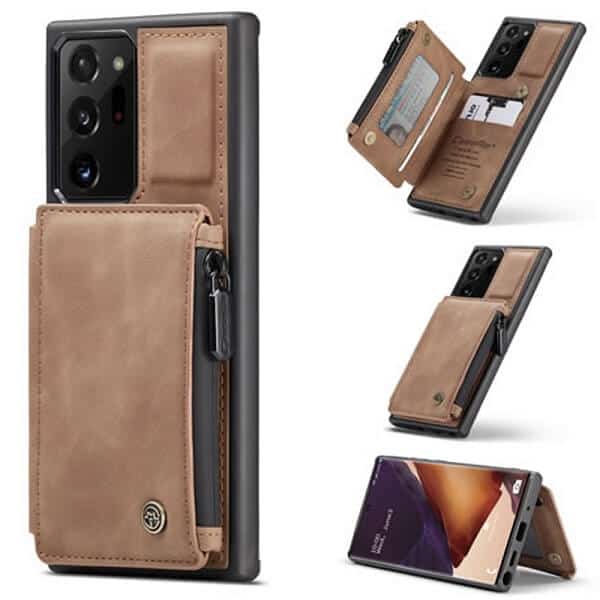 Samsung Galaxy Note 20 Ultra CaseMe Back Zipper Wallet Case W 3 Card Slots, RFID Blocking, 1 Money Pocket, Credit Card Holder Leather Cover (Brown)