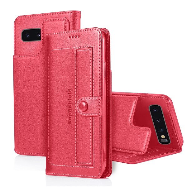 Samsung Galaxy S10+ /S10 Plus Genuine SupRShield Wallet Leather Flip Stand Magnetic Case Cover (Hot Pink)