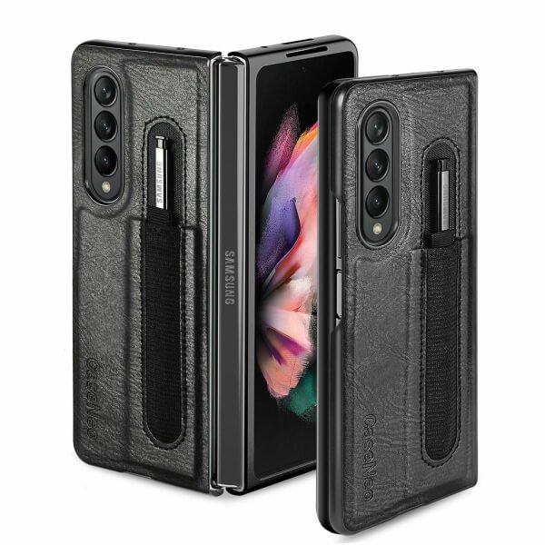 For Samsung Galaxy Z Fold 5 5G Phone Case with S Pen Holder, PU Leather Protective Case with Flip Cover and Kickstand